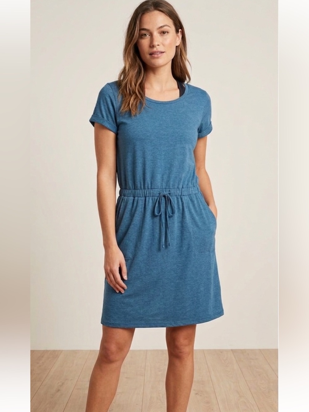 32 Degrees Cool Womens Short Sleeve Dress Heather Quiet Teal Drawstring Waist S